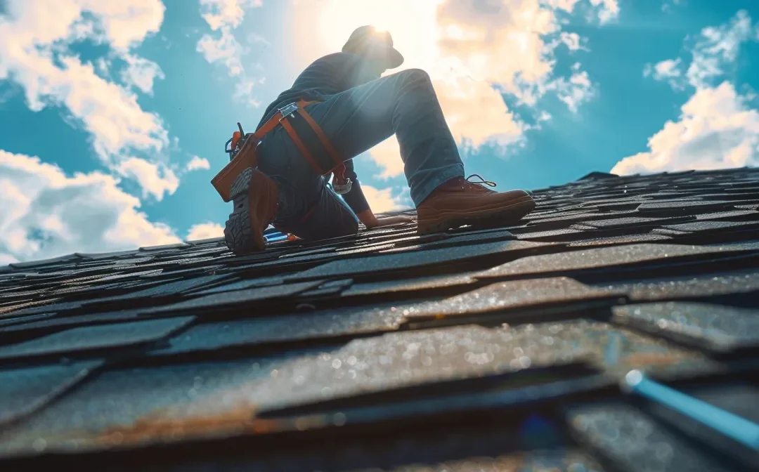 a person repairing a roof on a sunny day.