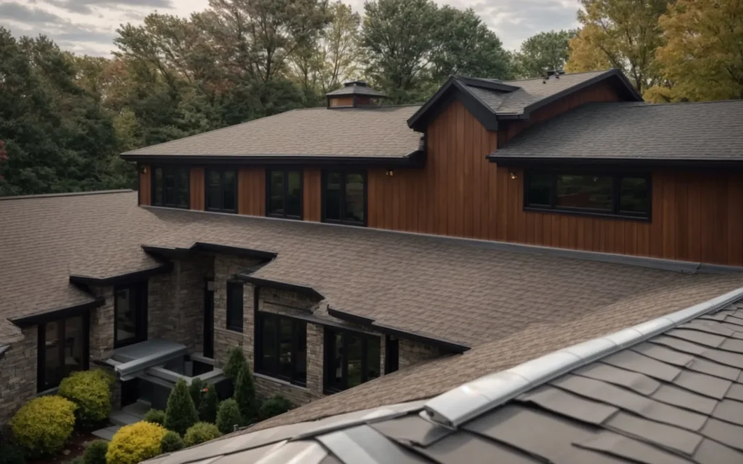 a team of skilled roofing contractors meticulously installing a durable, sleek roof on a beautiful home in south plainfield, nj.