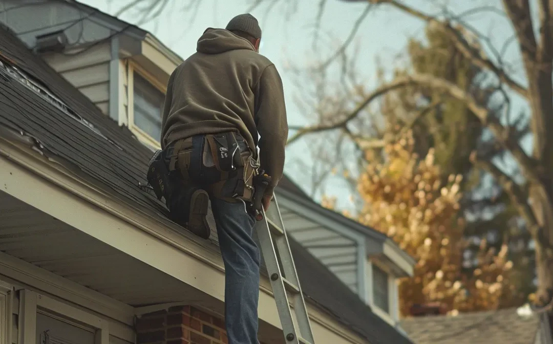 a skilled roofer climbing a ladder to inspect the damaged shingles on a cozy suburban home.