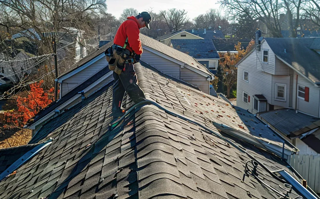 a skilled roofer in south plainfield meticulously inspecting a damaged roof, showcasing expertise and local knowledge.