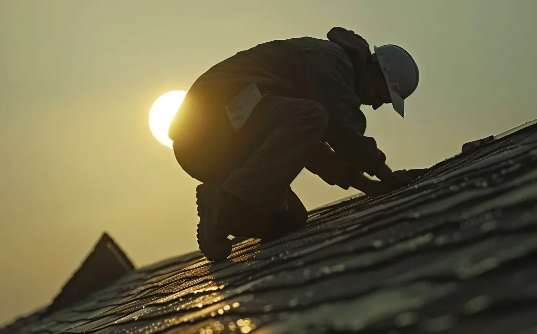 a professional roofer inspecting a damaged roof with precision and expertise.