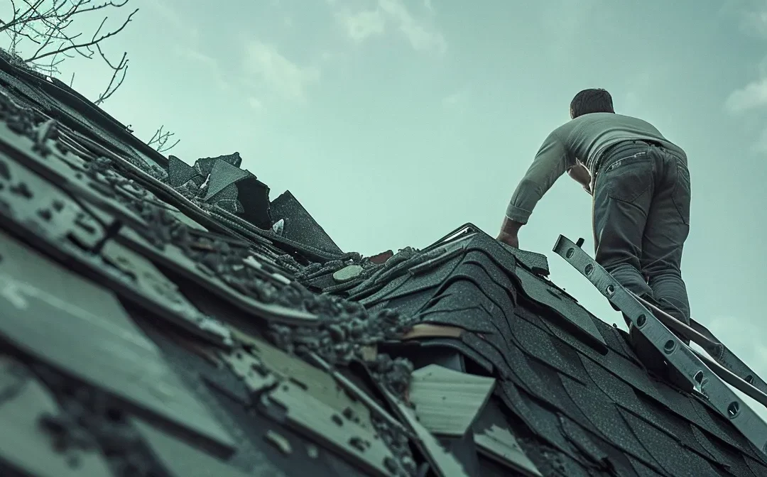 a contractor on a ladder inspecting damaged shingles on a roof.